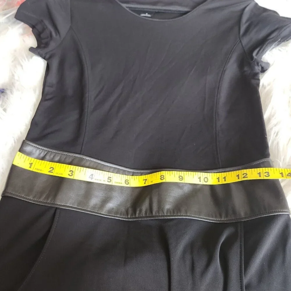 Club Monaco Women's 2 Midi Dress Black Sheep Leather Trim Fit‎ & Flare Side Zip